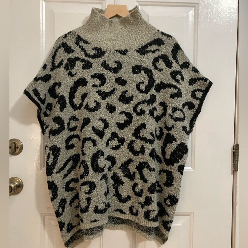 Women’s, gray-black leopard print, mock neck sweater poncho